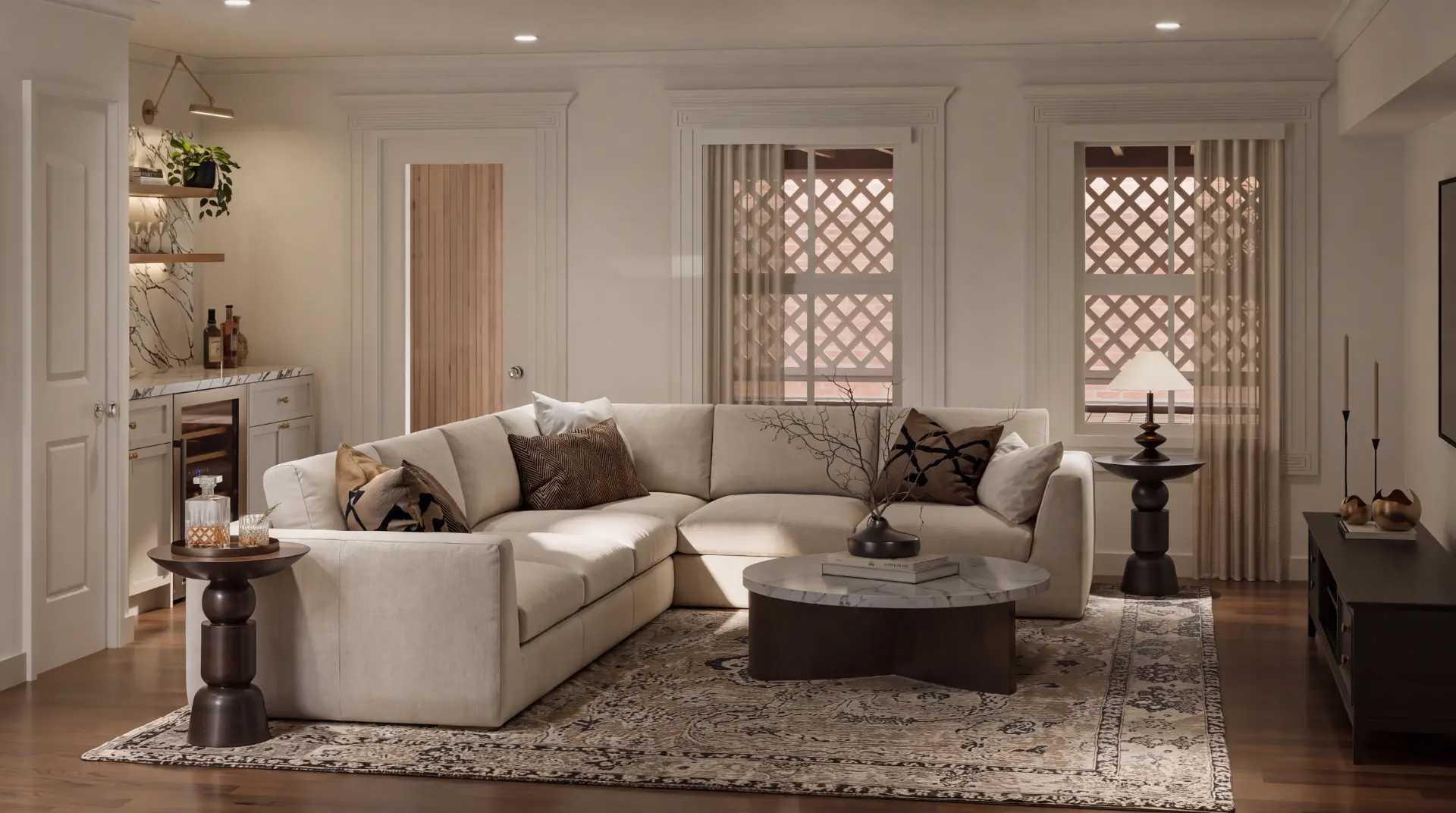 Flexible living space rendering with sectional sofa and wet bar