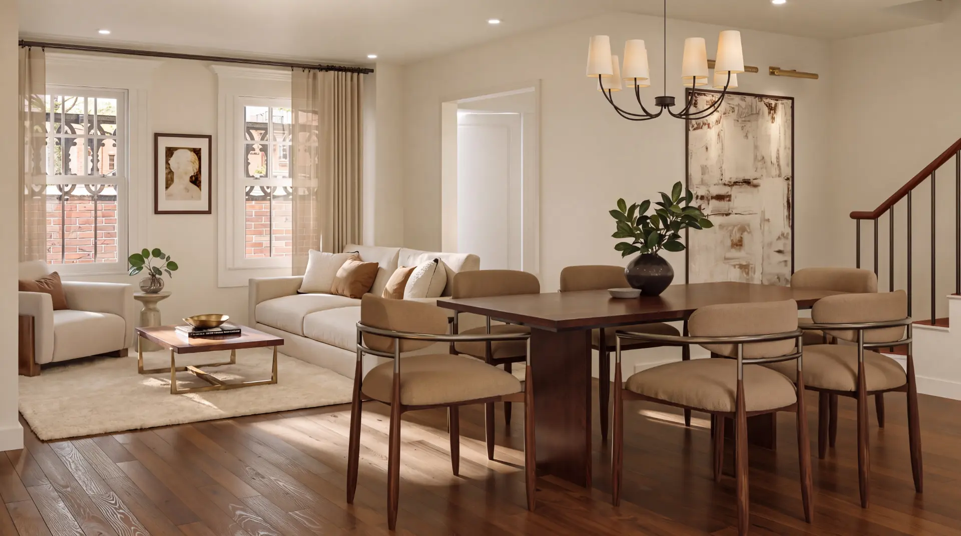 Living and dining room rendering with chandelier and staircase
