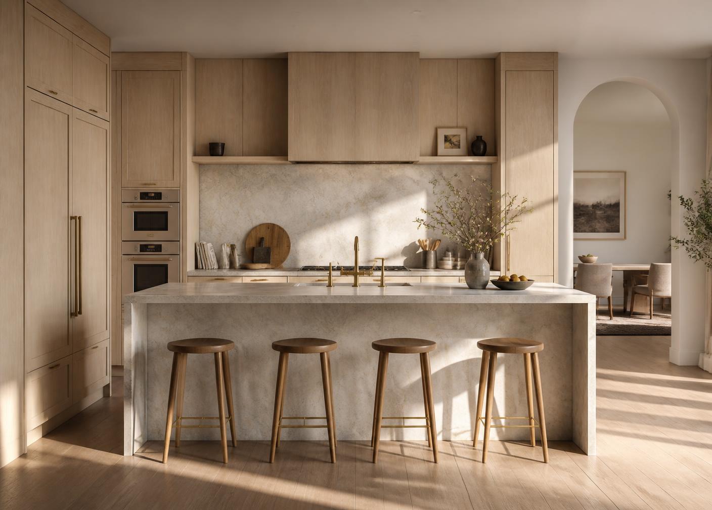 Kitchen rendering with pale oak cabinetry and marble island