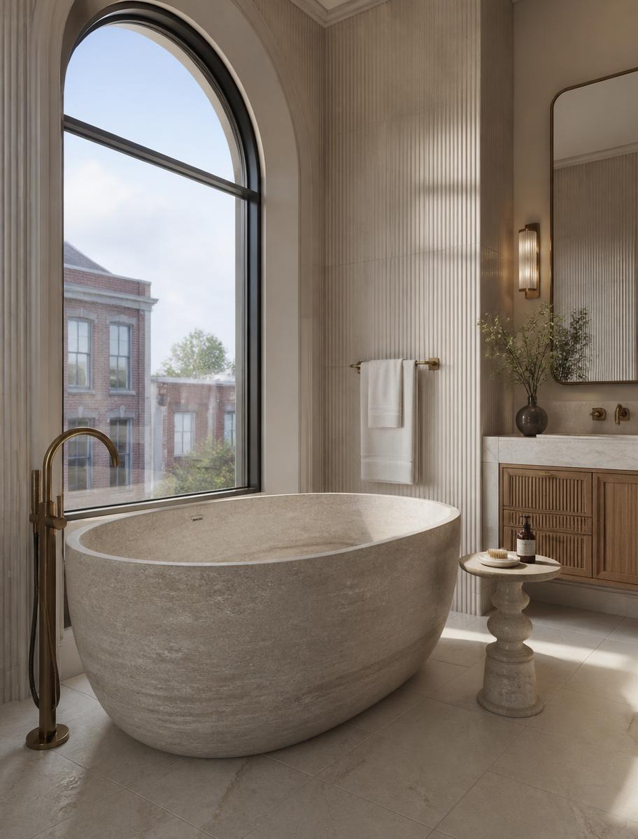 Primary bathroom rendering with stone soaking tub