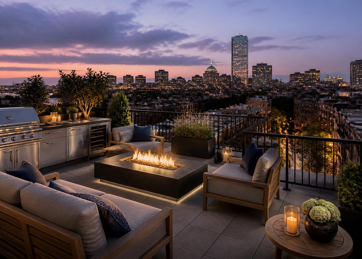 Rooftop terrace rendering at dusk overlooking the Back Bay skyline